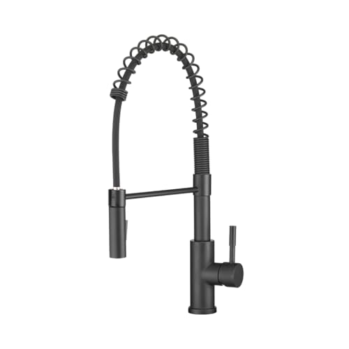 Dura Faucet DF-MK504SLK-MB RV Swivel High-Arc Spring Kitchen Sink Faucet - Single Handle - Kitchen Faucet with Pull-Down Sprayer - Optional Deck Plate (Matte Black)