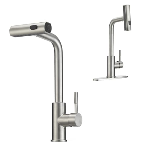 Dura Faucet (DF-MK511X-SN) Rainfall RV Kitchen Faucet – Satin Nickel, Dual-Mode Rotating Spray Head (Wide Waterfall & Stream), Single Lever Handle, Lead-Free, Easy Install Compact Sink Faucet