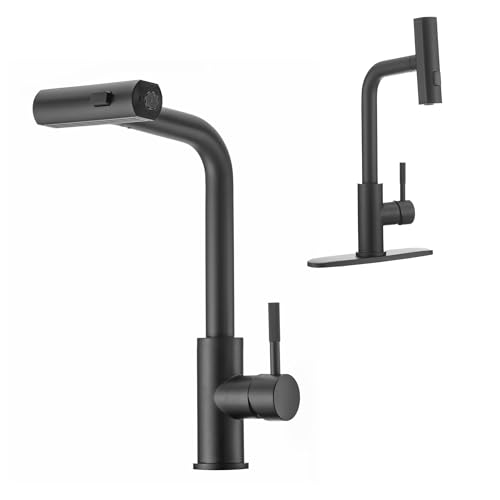 Dura Faucet (DF-MK511X-MB) Rainfall RV Kitchen Faucet – Matte Black, Dual-Mode Rotating Spray Head (Wide Waterfall & Stream), Single Lever Handle, Lead-Free, Easy Install Compact Sink Faucet