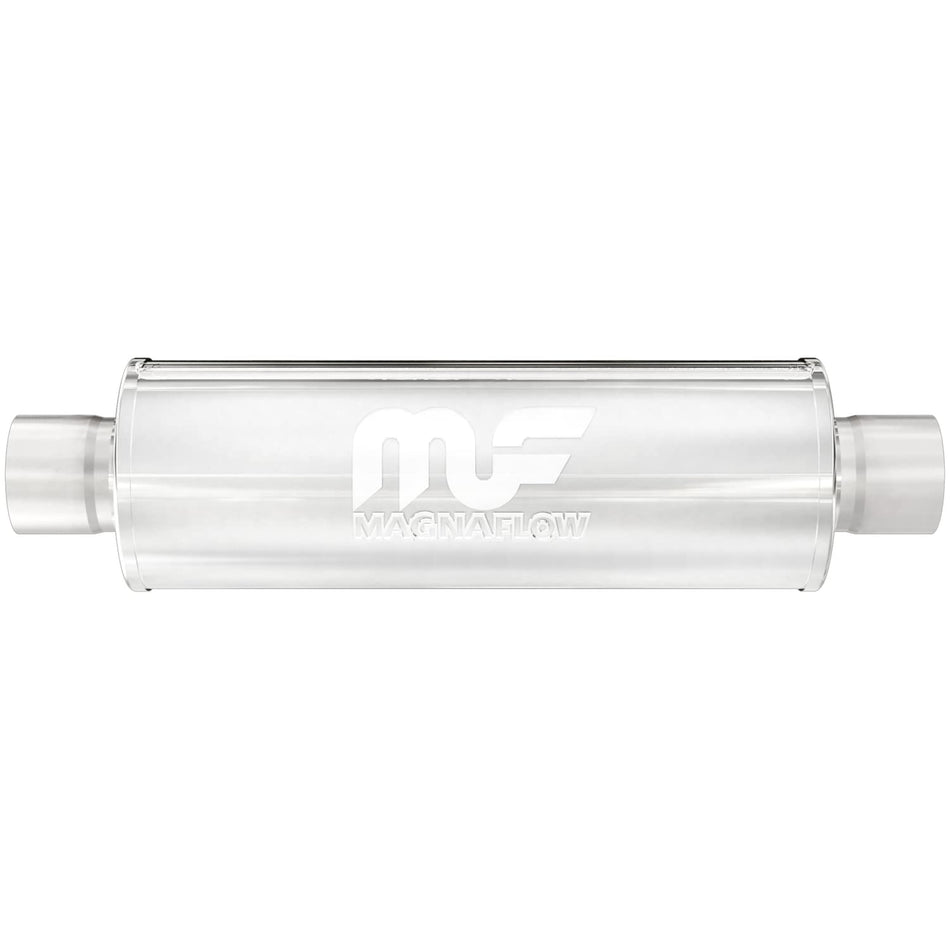 MagnaFlow Performance Exhaust Muffler 10415: 2.25"/2.25" Inlet/Outlet, 4x4x14" Round, Stainless Steel, Satin Finish