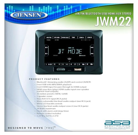 ASA JWM22 Jensen  2-Speaker Zones AM/FM|BT|HDMI|AUX Cube Wall Mount Stereo, S... product image