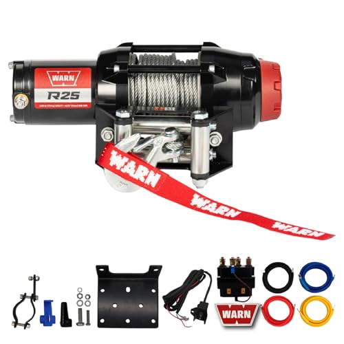 Warn R25 Wire Rope Winch – 2,500 lb Pulling Capacity, Equipped with 50’ of 3/16” Steel Rope & Remote-Mounted Rocker Switch - Roller Fairlead for ATV, UTV, Side by Side, and SXS Recovery & Towing
