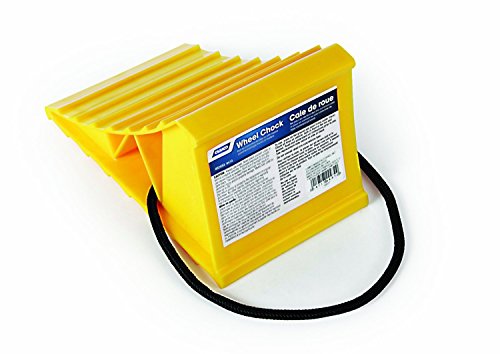 Camco Standard Wheel Chock w/Rope for Trailers - Heavy Duty RV Wheel Chock Constructed of Durable Plastic w/UV inhibitors - Features Rope Handle for Easy Removal - Use w/Tires Up to 26-in - 44472