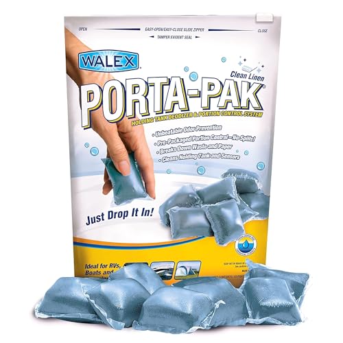 Walex Porta-Pak Black Holding Tank Deodorizer & Portion Control System Drop-Ins - Rapid Breakdown of Waste & Paper, Odor Prevention, Cleans Tank & Sensors - Clean Linen, 10-Pack