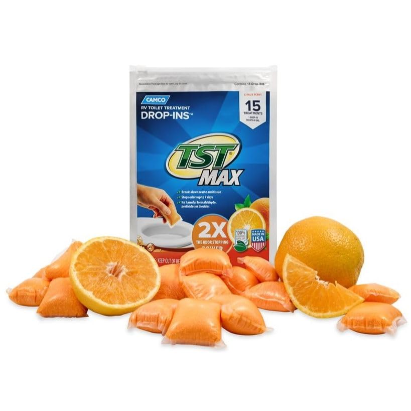 Camco TST MAX RV Toilet Treatment Drop-INs - Control Unwanted Odors and Break Down Waste and Tissue - Safe Septic Tank Treatment - Orange Scent - 15-Pack (41189)