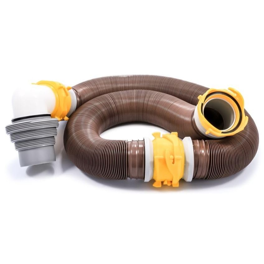 Camco 39625 Revolution 20' Sewer Hose Kit with 360 Degree Swivel Fittings and 4-in1 Elbow Adapter, Ready to Use Kit with Hose and Adapter