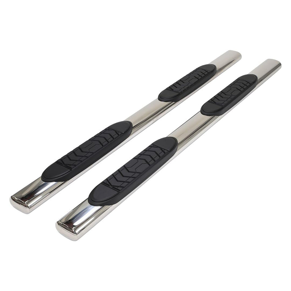 TrailFX Nerf Bars for Chevrolet Silverado 1500 Crew Cab 2020-2021 Polished Stainless Steel 5 Inch Oval Straight Side Steps with Step Pads Welded End Caps Rocker Panel Mount Running Board Pair