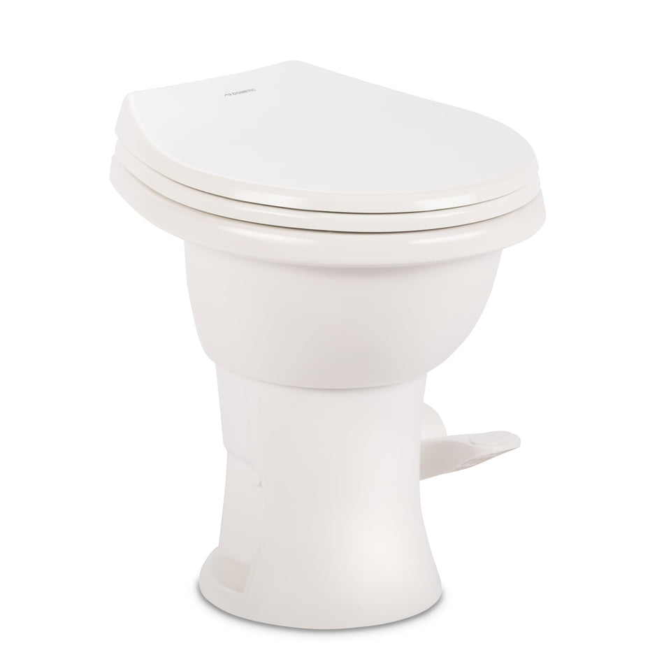 Dometic Model 410 Complete RV Toilet – Round Porcelain Bowl, Universal Fit & 2-Bolt Mount, 18" Chair Height Residential-Style, Gravity Flush Toilet with Soft-Close Seat, White (9610008259)