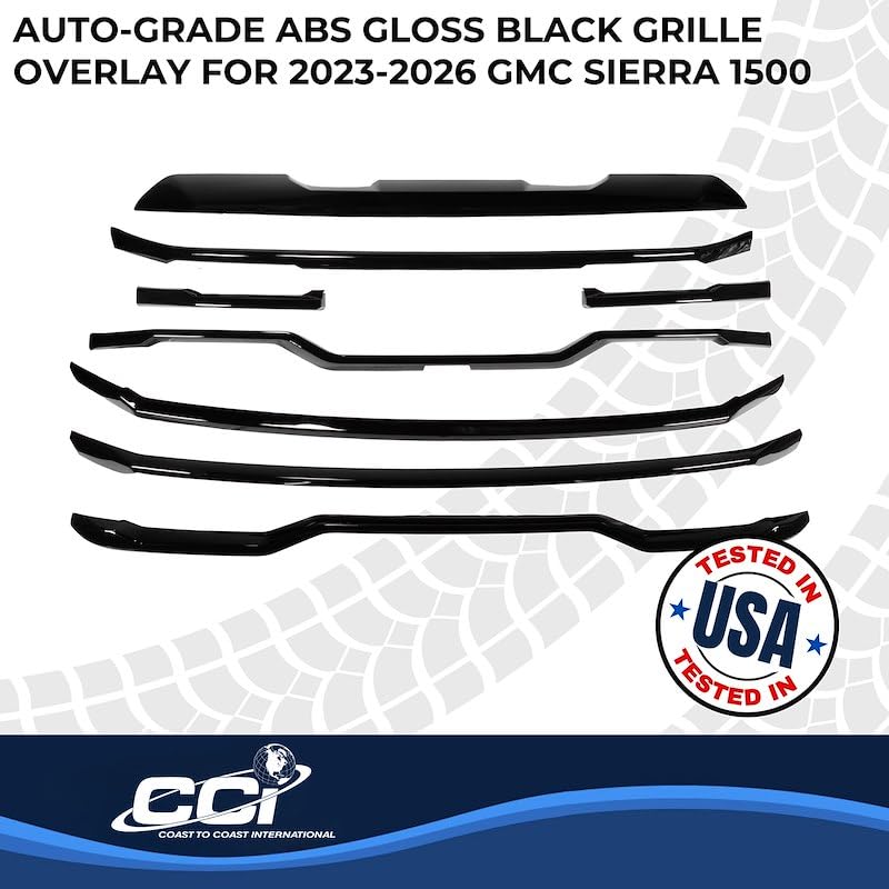 CCI Grille Insert GI205BLK, Tape-On Overlay, 8 Piece, Painted, Gloss Black, ABS Plastic, Fits 2023-2026 GMC Sierra 1500 SLT Model