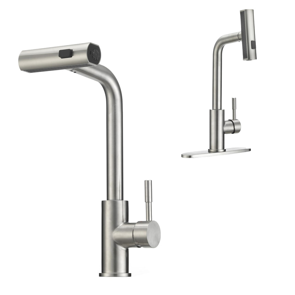 Dura Faucet (DF-MK511X-SN) Rainfall RV Kitchen Faucet – Satin Nickel, Dual-Mode Rotating Spray Head (Wide Waterfall & Stream), Single Lever Handle, Lead-Free, Easy Install Compact Sink Faucet