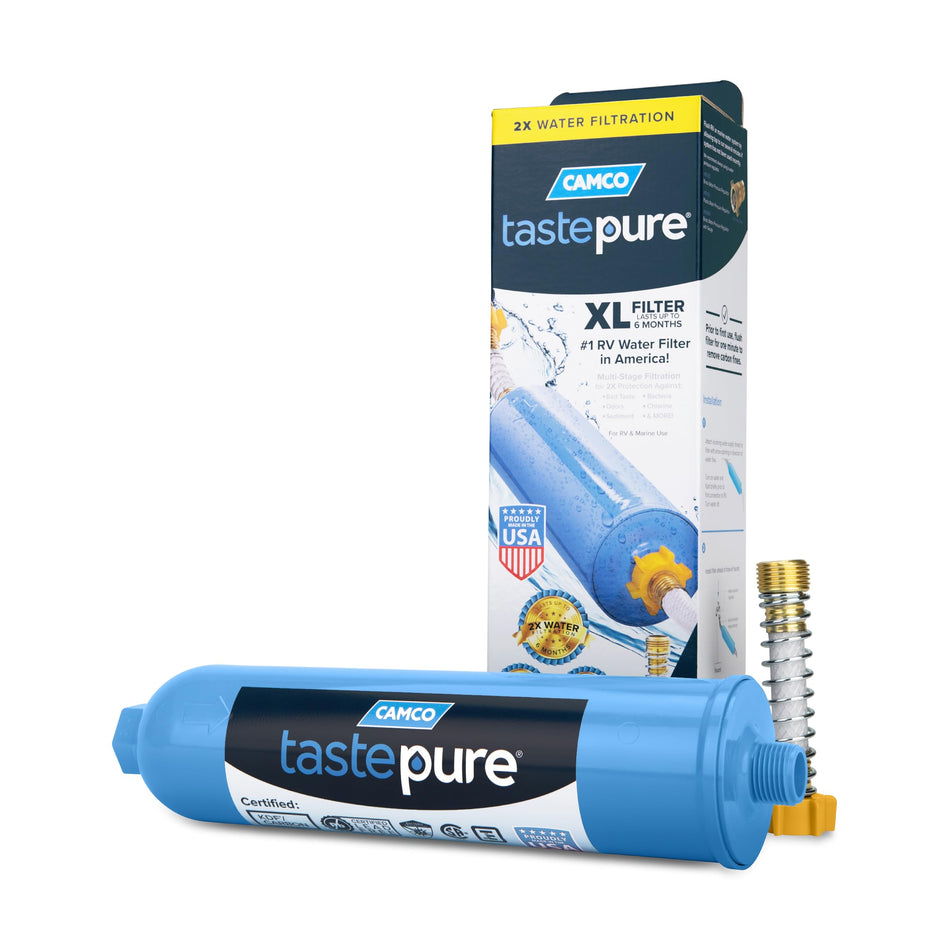 Camco Tastepure XL RV Water Filter - Reliable RV Inline Water Filter with Flexible Hose Protector - GAC & KDF Water Filtration - Made in USA - Camping Essentials for Fresh Drinking Water (40019)