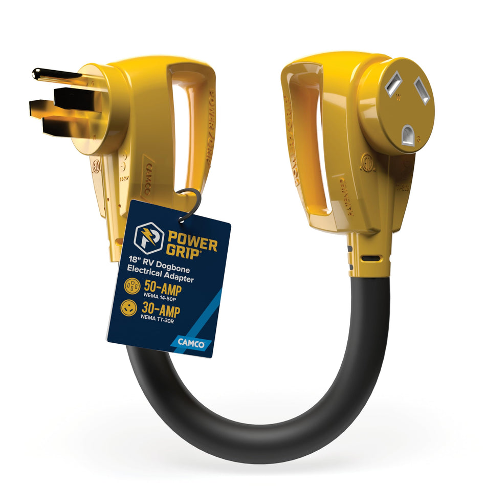 Camco PowerGrip Dogbone RV Electrical Adapter - Features Heavy-Duty 50-Amp Male and 30-Amp Female Connections - Crafted of 100% Copper 10/3-Gauge Wires & Rated for 125V/3750W (55175)
