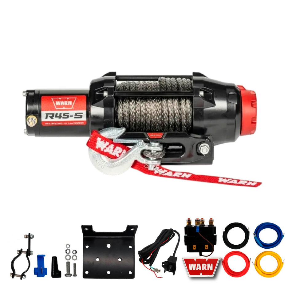 Warn R45-S Rope Winch - 4,500 lb. Pulling Capacity, Equipped with 50’ of 1/4” Synthetic Rope & Dash-Mounted Rocker Switch - Remote and Fairlead for ATV, UTV, Side by Side, and SXS Recovery & Towing