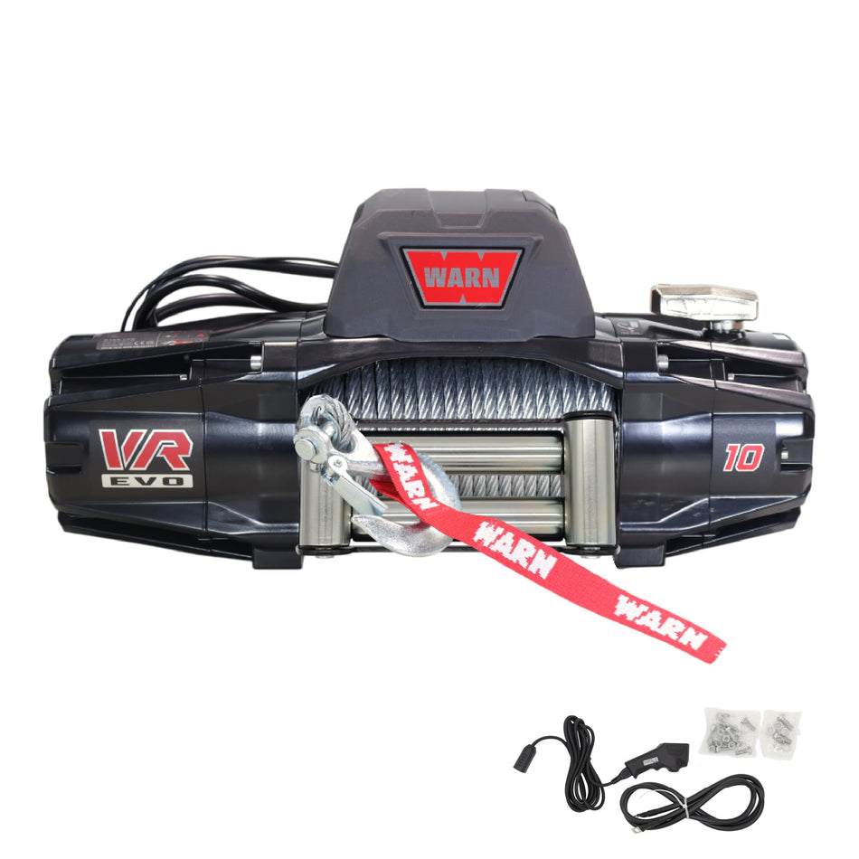 WARN VR EVO 10 Standard Duty Electric Winch for 1/2-ton Pickups, Jeeps, and Larger SUVs, 12V DC, 10,000 lb Line Pull, 90 ft Steel Cable with Roller Fairlead, Relocatable Control Pack.