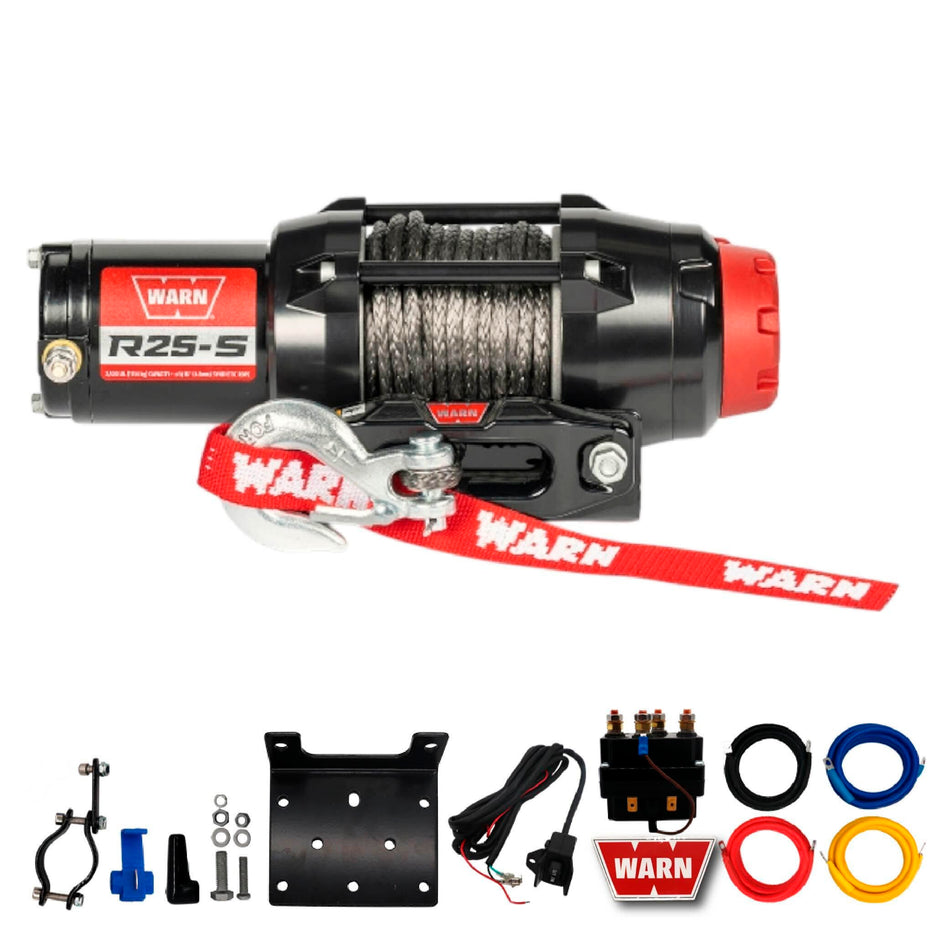 Warn R25-S Rope Winch - 2,500 lb. Pulling Capacity, Equipped with 50’ of 3/16” Synthetic Rope & Remote-Mounted Rocker Switch - Fairlead for ATV, UTV, Side by Side, and SXS Recovery & Towing