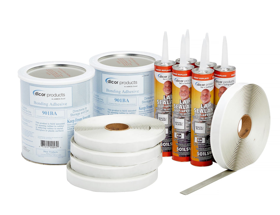 Dicor 401-CK Rubber Roof Kit - Includes Bonding Adhesive, RV, Trailer, Motorhome Repair Tape Butyl Tape, and Lap Sealant, White