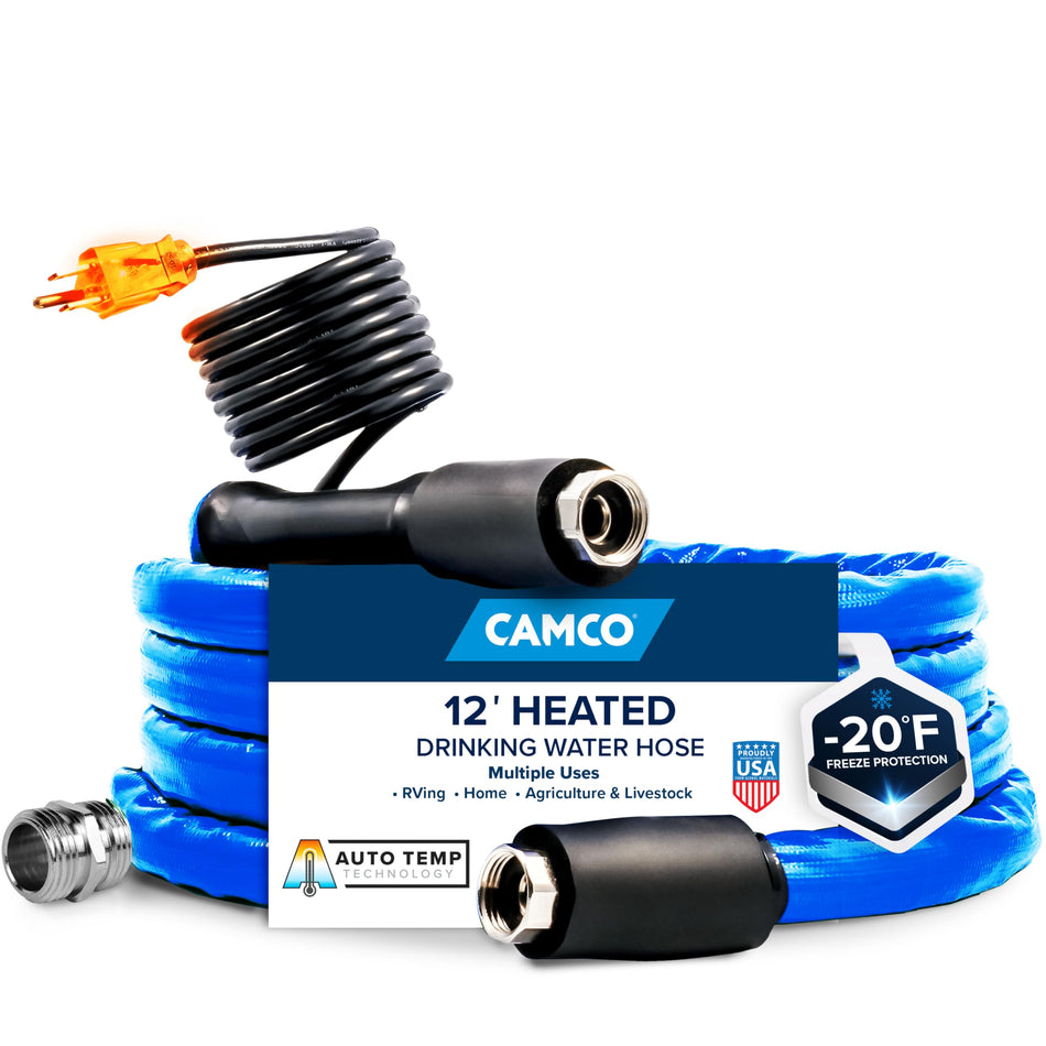 Camco Camco 12-Ft Heated Water Hose for RV - Water Line Freeze Protection Down to -20°F/-28°C - Features