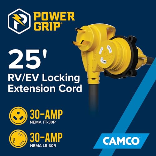 CAMCO 55501 PowerGrip 25-Ft 30 Amp RV Extension Cord w/Locking End - Features N...