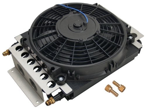 Derale Fluid Cooler and Fan, 15-3/4 x 11-1/2 x 5 in, Tube Type, 6 AN Male Inlet/Outlet, Fittings,