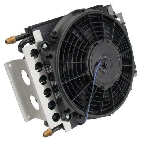 Derale Fluid Cooler and Fan, 15-3/4 x 11-1/2 x 5 in, Tube Type, 6 AN Male Inlet/Outlet, Fittings,