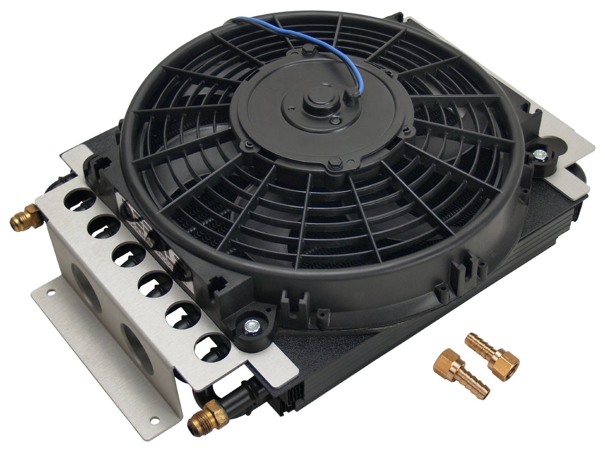Derale Fluid Cooler and Fan, 15-3/4 x 11-1/2 x 5 in, Tube Type, 6 AN Male Inlet/Outlet, Fittings,