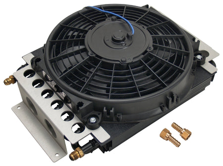 Derale Fluid Cooler and Fan, 15-3/4 x 11-1/2 x 5 in, Tube Type, 6 AN Male Inlet/Outlet, Fittings,