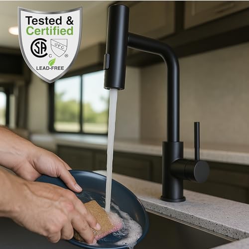 Dura Faucet Dura Faucet (DF-MK511X-MB) Rainfall RV Kitchen Faucet – Matte Black, Dual-Mode Rotating Spray