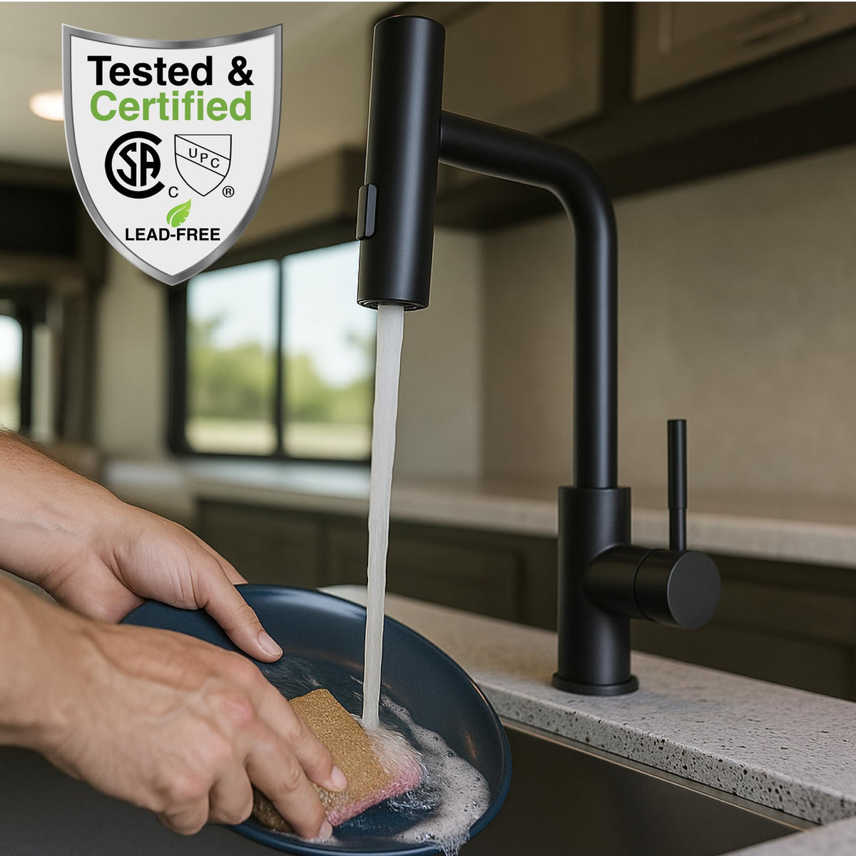 Dura Faucet Dura Faucet (DF-MK511X-MB) Rainfall RV Kitchen Faucet – Matte Black, Dual-Mode Rotating Spray