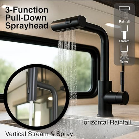 Dura Faucet Dura Faucet (DF-MK511X-MB) Rainfall RV Kitchen Faucet – Matte Black, Dual-Mode Rotating Spray