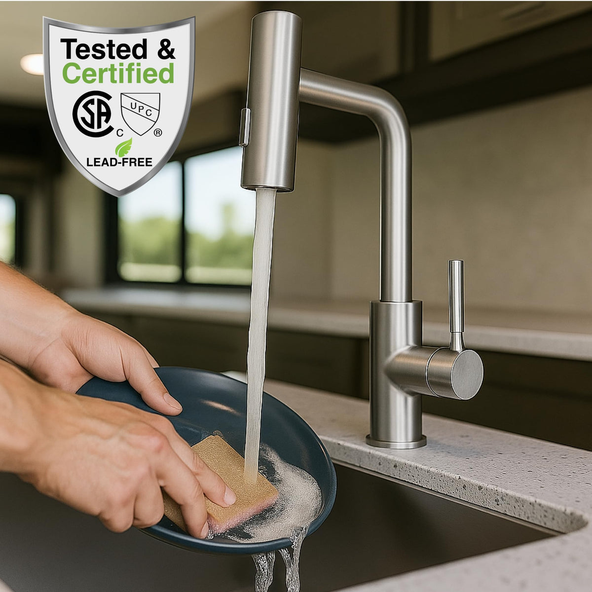 Dura Faucet Dura Faucet (DF-MK511X-SN) Rainfall RV Kitchen Faucet – Satin Nickel, Dual-Mode Rotating Spray