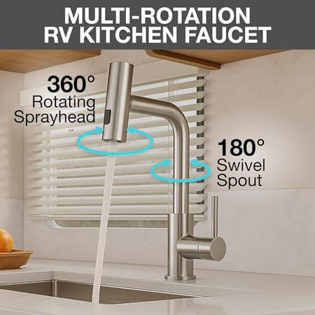Dura Faucet Dura Faucet (DF-MK511X-SN) Rainfall RV Kitchen Faucet – Satin Nickel, Dual-Mode Rotating Spray