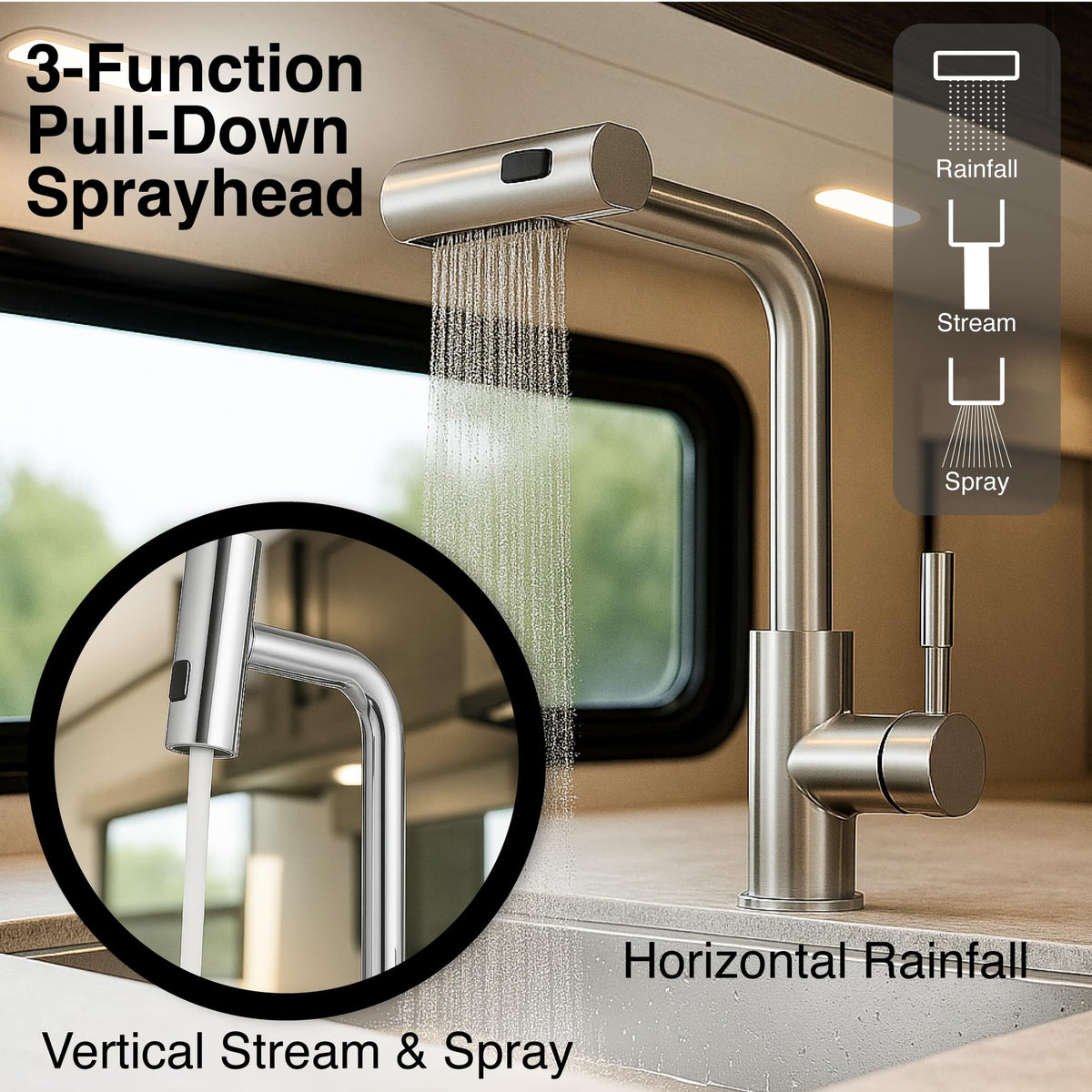 Dura Faucet Dura Faucet (DF-MK511X-SN) Rainfall RV Kitchen Faucet – Satin Nickel, Dual-Mode Rotating Spray