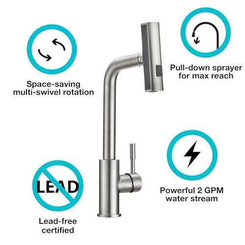 Dura Faucet Dura Faucet (DF-MK511X-SN) Rainfall RV Kitchen Faucet – Satin Nickel, Dual-Mode Rotating Spray