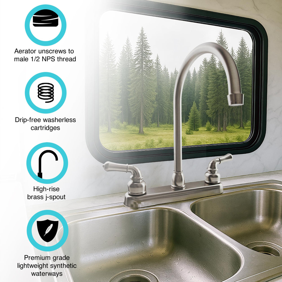 DURA FAUCET DFPK330HC DF-PK330HC-SN RV J-Spout Kitchen Sink Faucet (Satin Nickel) RV & Camper