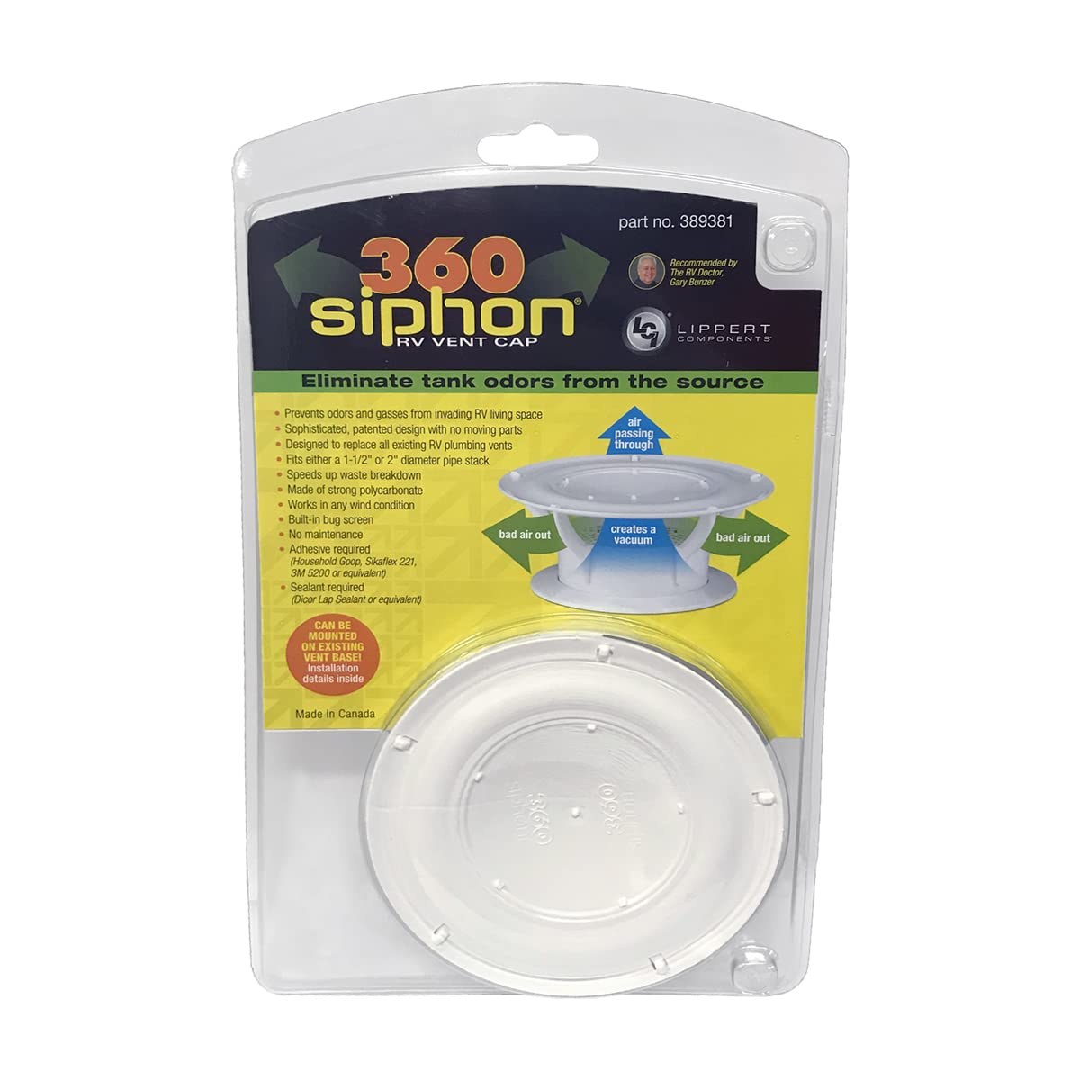 LIPPERT COMP 389381 Lippert 360 Siphon RV Roof Vent Cap for Odor Prevention with Univer...