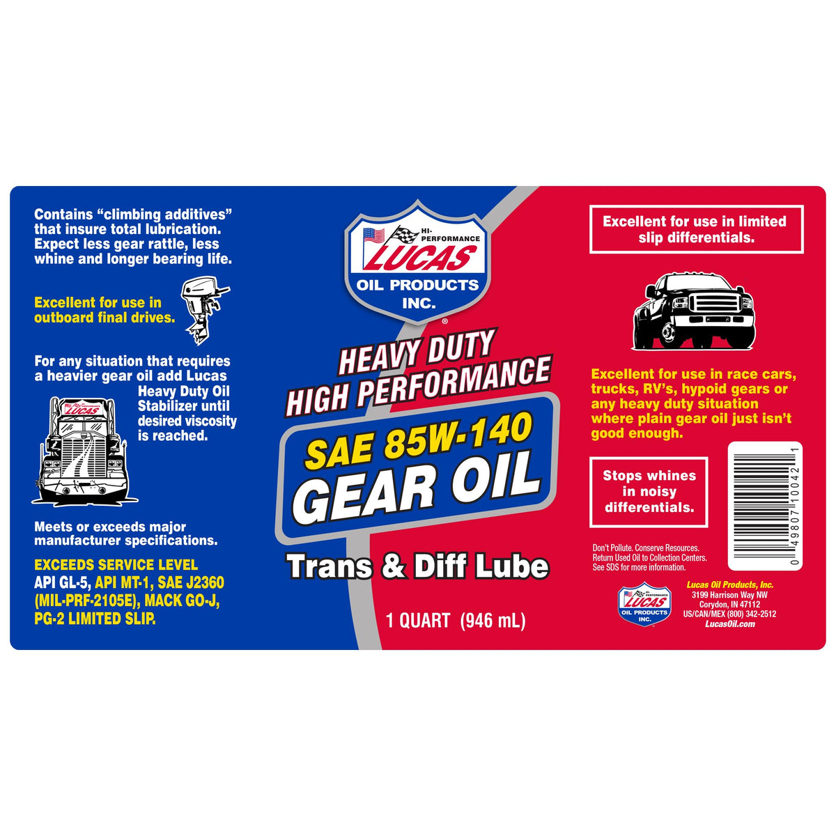 LUCAS OIL LUCA10042 10042 Heavy Duty High Performance SAE 85W-140 Gear Oil - 1 Quart