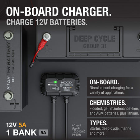 NOCO GEN5X1 Genius : 1-Bank, 5A Onboard Battery Charger - 5A Per Bank, 12V Wate...