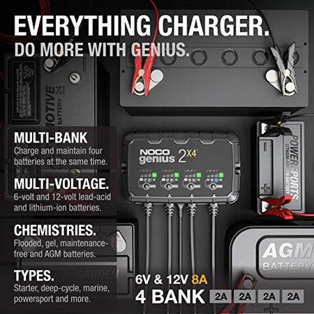 NOCO NOCO GENIUS2X4: 8A 4-Bank Smart Battery Charger (2A/Bank) - 6V/12V Automatic Maintainer, Trickle