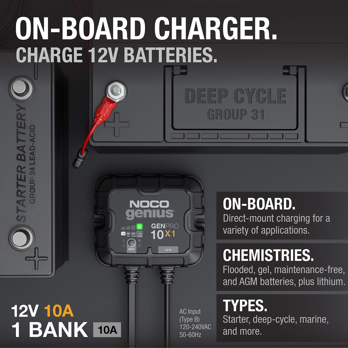 NOCO 0-46221-19047-2 Genius GENPRO10X1: 1-Bank, 10A Onboard Battery Charger - 10A Per Ba...