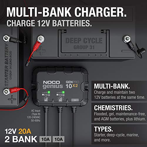 NOCO GENPRO10X2 Genius : 2-Bank, 20A Onboard Battery Charger - 10A Per Bank, 12V Wa...