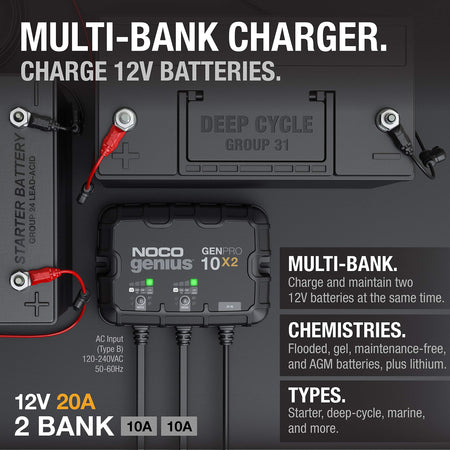 NOCO GENPRO10X2 Genius : 2-Bank, 20A Onboard Battery Charger - 10A Per Bank, 12V Wa...