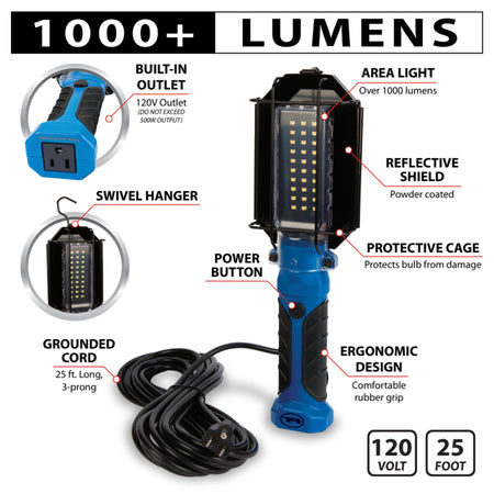 Performance Tool Performance Tool W2237 25' 18GA 1,000 lumen 120V LED Drop Light with Extra Built in 120V