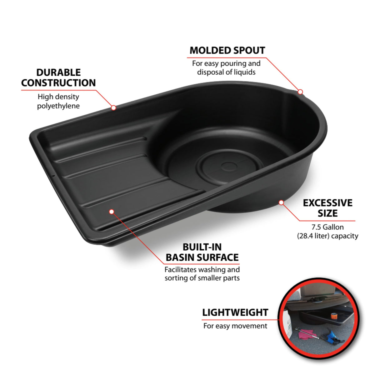 PERFORM TOOL W4072 Performance Tool 7.5 Gallon Polyethylene Oil Drain Tub Engine & Performance