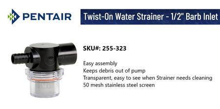 SHURFLO 255-323 by Pentair Twist-On Water Strainer - 1/2 Barb Inlet - Clear Bowl RV & Camper