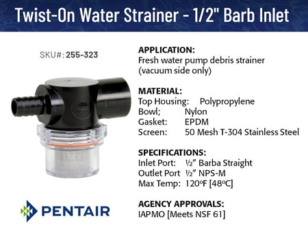 SHURFLO 255-323 by Pentair Twist-On Water Strainer - 1/2 Barb Inlet - Clear Bowl RV & Camper