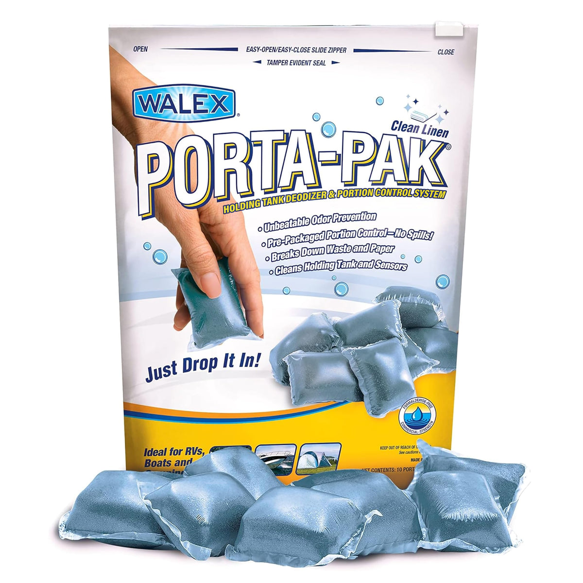 WALEX PPRV10CLEAN Porta-Pak RV Toilet Treatment Drop-Ins - Clean Linen, 10-Pack RV & Camper